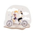 Young girls ride a double bike. Vector illustration