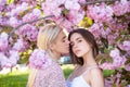 Young girls and spring flowers. Portrait of a two beautiful young women relaxing in sakura flowers. Lesbian couple Royalty Free Stock Photo