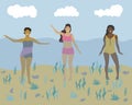 Young girls swim on the beach. Vector illustration, flat cartoon characters