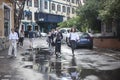 Young girls walk fast down the street