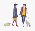 Young girls walking with dogs, Colorful flat vector illustration.