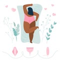 Young girls or woman wich choice hygienic device pads, menstrual cup and tampon. Body positive vector illustrations