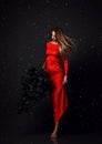 Young glamour woman in long red dress with winter christmas fir tree under heavy snow. New year concept Royalty Free Stock Photo