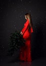 Young glamour woman in long red dress with winter christmas fir tree under heavy snow. New year concept Royalty Free Stock Photo