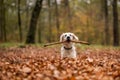 Young golden retriver playing in fallen leaves