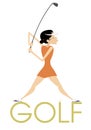 Young golfer woman stands on the word golf illustration