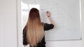 Young good looking woman draws graph on white board with marker solves equation