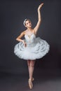 A young graceful ballerina dressed in professional attire, pointe shoes and a white tutu, demonstrates dance skills. Beautiful