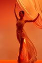 Ballerina. Young graceful female ballet dancer dancing over red studio. Beauty of classic ballet. Royalty Free Stock Photo