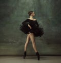 Young graceful tender ballerina on dark studio background
