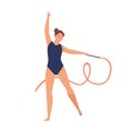 Young graceful woman doing professional rhythmic gymnastics. Gymnast performer in leotard doing elegant exercise with