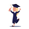 Young graduate girl wearing a black academic robe and holding a diploma certificate. Graduation online.