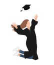 Young graduate student girl in graduation gown jumping and throwing the mortarboard high into the air. Flat vector