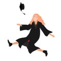 Young graduate student girl in graduation gown jumping and throwing the mortarboard high into the air. Flat vector