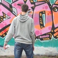 A young graffiti artist in a gray hoodie looks at the wall with