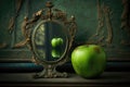 A Young Green Apple Stands In Front Of A Mirror. Generative AI Royalty Free Stock Photo