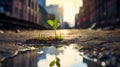 A young green plant breaks through the asphalt in the city center, symbolizing natures resilience and the importance of ecology Royalty Free Stock Photo