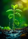 Young Green Plant Sprouting with Water Drops on Soil