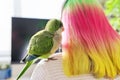 Young green quaker parrot sitting on the shoulder of the girl owner Royalty Free Stock Photo