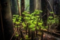young green saplings sprouting among burnt tree trunks Royalty Free Stock Photo