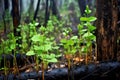 young green saplings sprouting among burnt tree trunks