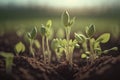 Young green sprouts in the ground in a spring, created with Generative AI technology