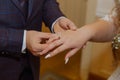 A young groom puts a gold wedding ring on his finger to a young bride Royalty Free Stock Photo