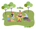 Young group of friends on a picnic outside the city, guy plays guitar, burn a fire. Green spaces