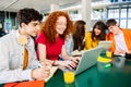 Young group of student friends working together on laptop at college campus Royalty Free Stock Photo