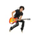 Young guitarist jumping isolated Royalty Free Stock Photo