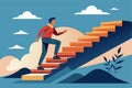 A young guy ascends colorful steps against a tranquil backdrop, symbolizing progress and motivation, Young guy climing at steps, Royalty Free Stock Photo