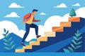 A young guy ascends colorful steps with determination under a blue sky surrounded by mountains and greenery, Young guy climing at Royalty Free Stock Photo