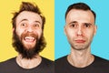 Young guy with beard and without a beard. Man before and after shave Royalty Free Stock Photo