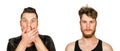 Young guy with beard and without a beard. Man before and after shave, haircut. set Isolated on white background Royalty Free Stock Photo