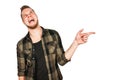 Young guy with beard taunts and shows finger up isolated on white background