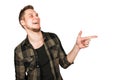 Young guy with beard taunts and shows finger up isolated on white background