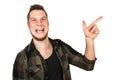 Young guy with beard taunts and shows finger up isolated on white background