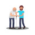 Young guy caring for senior man. Grandpa with walking stick and friendly volunteer. Social worker. Flat vector design