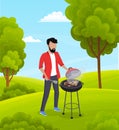 Young guy is cooking barbecue. Green landscape, trees, grasses, clear sky, countryside. Flat design