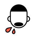 Young guy coughing blood, minimal black and white outline icon. Flat vector illustration. Isolated on white.