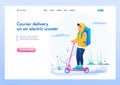 Young Guy Courier, Delivery Of Goods On An Electric Scooter. Fast Delivery. Flat 2D Landing Page Royalty Free Stock Photo