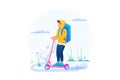 Young Guy Courier, Delivery Of Goods On An Electric Scooter. Fast Delivery. Flat 2D Web Design Royalty Free Stock Photo