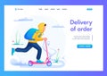 Young Guy Courier, Delivery Of Goods On An Electric Scooter. Flat 2D Landing Page Royalty Free Stock Photo