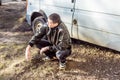 A young guy of criminal appearance in a black leather jacket Royalty Free Stock Photo