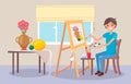 Young guy draws still life on easel, brushes, paints, learning to draw. Stay home. Flat illustration