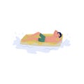 Young guy floating on yellow inflatable mattress in the sea. Summer leisure. Teenager boy in green swim shorts. Flat