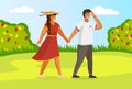 Young guy and girl holding hands walking in summer garden, weekend walk in park sunny day