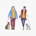 Young guy and girl walking with dogs, Colorful flat vector illustration.