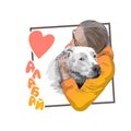 A young guy hugs a huge white dog. Vector graphics with the inscription ALABAY - the name of the dog breed in Russian