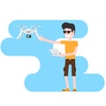 Young guy launches drone with camera, cartoon character